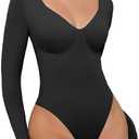 Avidlove Bodysuit for Women Long Sleeve Double Lined Tank Top V Neck Bodysuit Tummy Control Shapewear (Black, L)