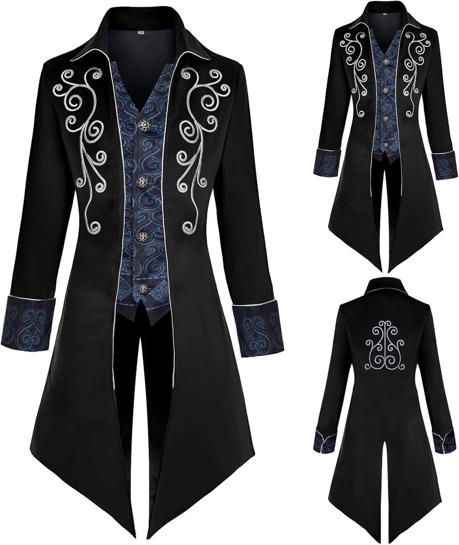 Men's Medieval Steampunk Jacket,Victorian Coat Renaissance Gothic Tailcoat,Halloween Vampire Costume (Medium, Black)