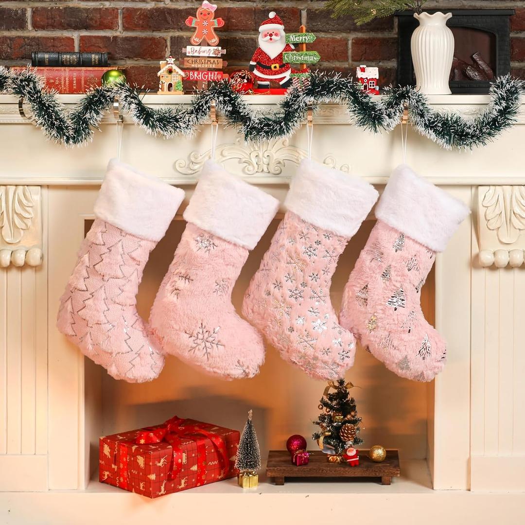 Pink Christmas Stockings Set of 4 - Lage Elegant Faux Fur Xmas Stockings with Silver Christmas Tree Snowflake Designs, Pink Christmas Decoration for Holiday Party Home
