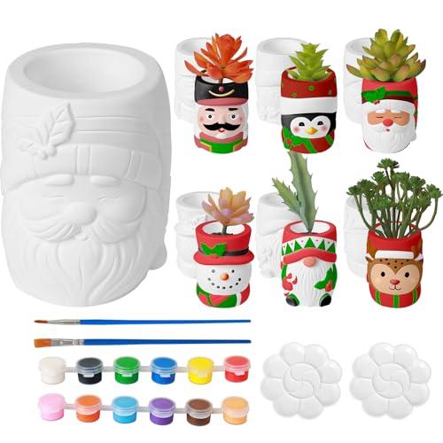 yiilead 6 Pcs Christmas Ceramics to Paint Succulent Planters,DIY Paintable Ceramics Figurines Kit Crafts for Adults Boys Girls(4.3 inch)