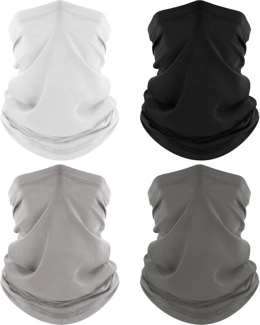 ROXUN 4 Pack Neck Gaiter, Cooling Breathable Face Mask UV Protection Scarf Hiking Bandana for Men/Women (Black+white+gray+light Gray)