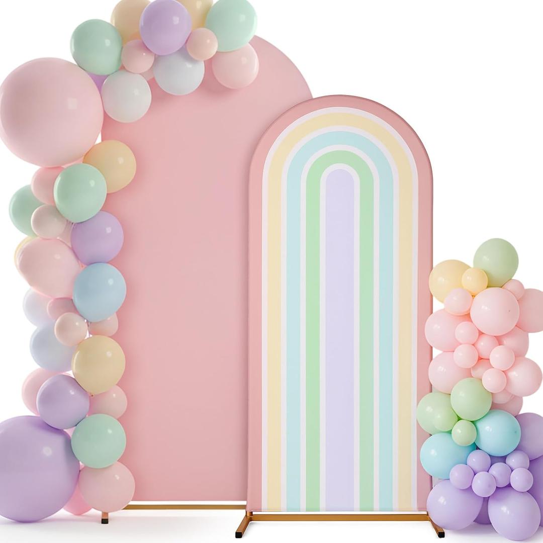 7.2 ft + 6 ft Rainbow Arch Backdrop Stand Covers Pastel Background Arched Stretchy Fabric Backdrop Cover for Boho Daisies Birthday Party Wedding Baby Shower Decoration(Macaroon Pink)