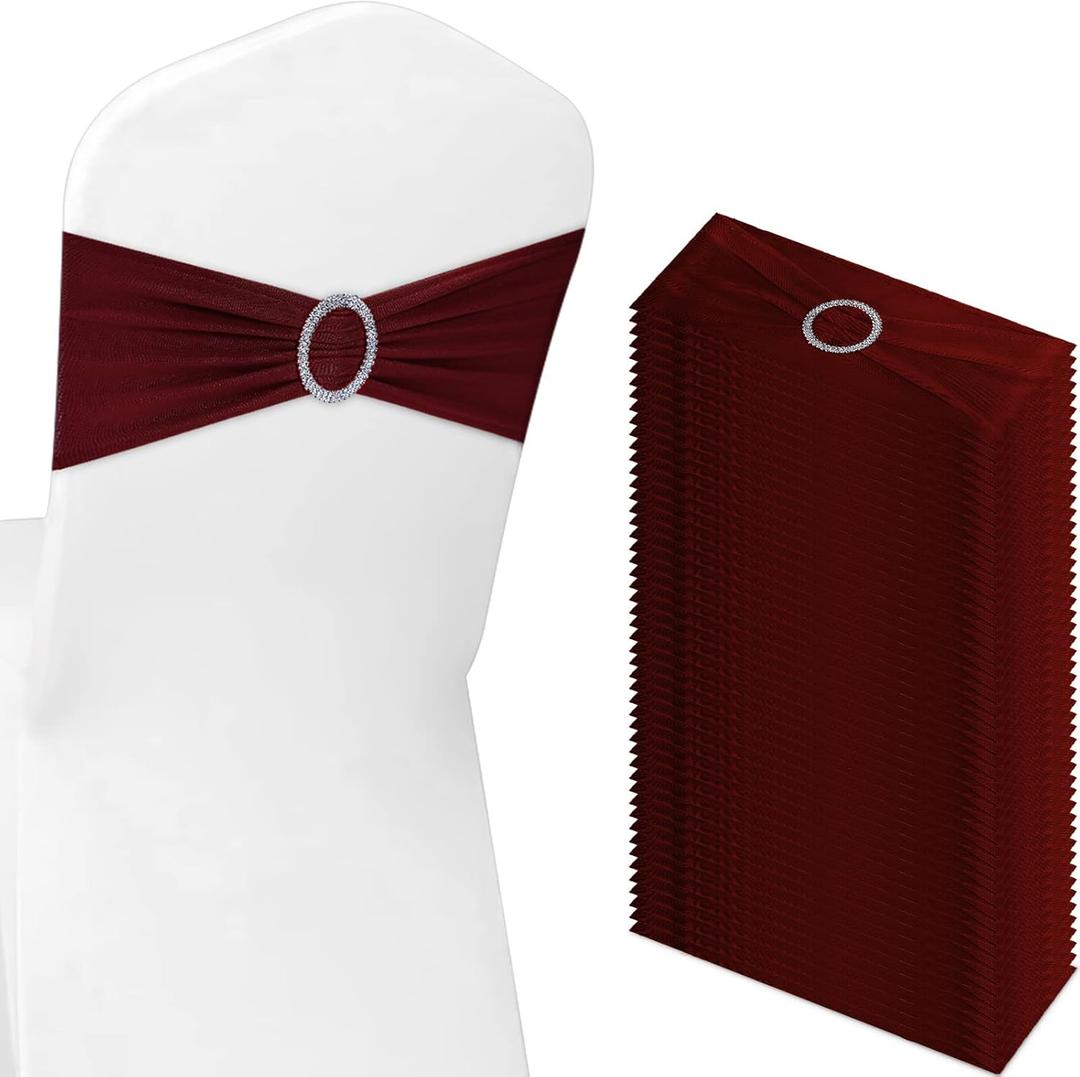 Tegeme 80 Pieces Chair Sashes & Bows - Stretch Spandex Chair Cover Band with Buckle for Wedding, Hotel Banquet, Birthday Party & Home Bulk Decorations(Wine Red)