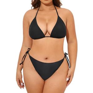 Tempt Me Women Plus Size Triangle Bikini String Two Piece Halter Tie Side Swimsuit Black, 18 Plus
