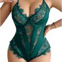 SOLY HUX Women's Plus Size Lingerie Sexy Bodysuit Lace Sheer One Piece Cami Teddy Baby doll Nightwear (XX-Large, Dark Green)