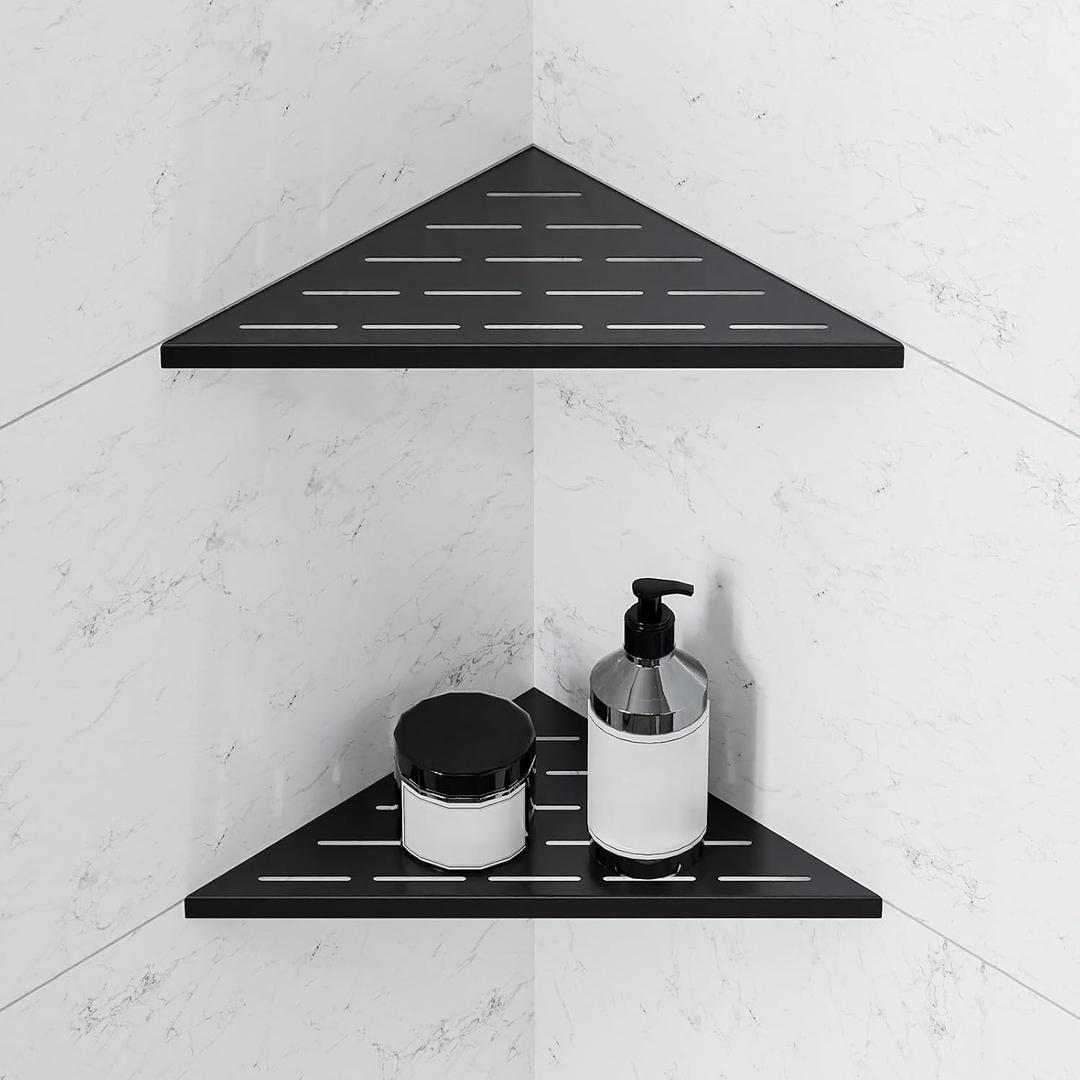 Corner Shower Shelf, 10 Inch Black 304 Stainless Steel Recessed Installation with Grout, No Drilling Required Tile Shower Shelf for Tiled Wall (2-Pack)