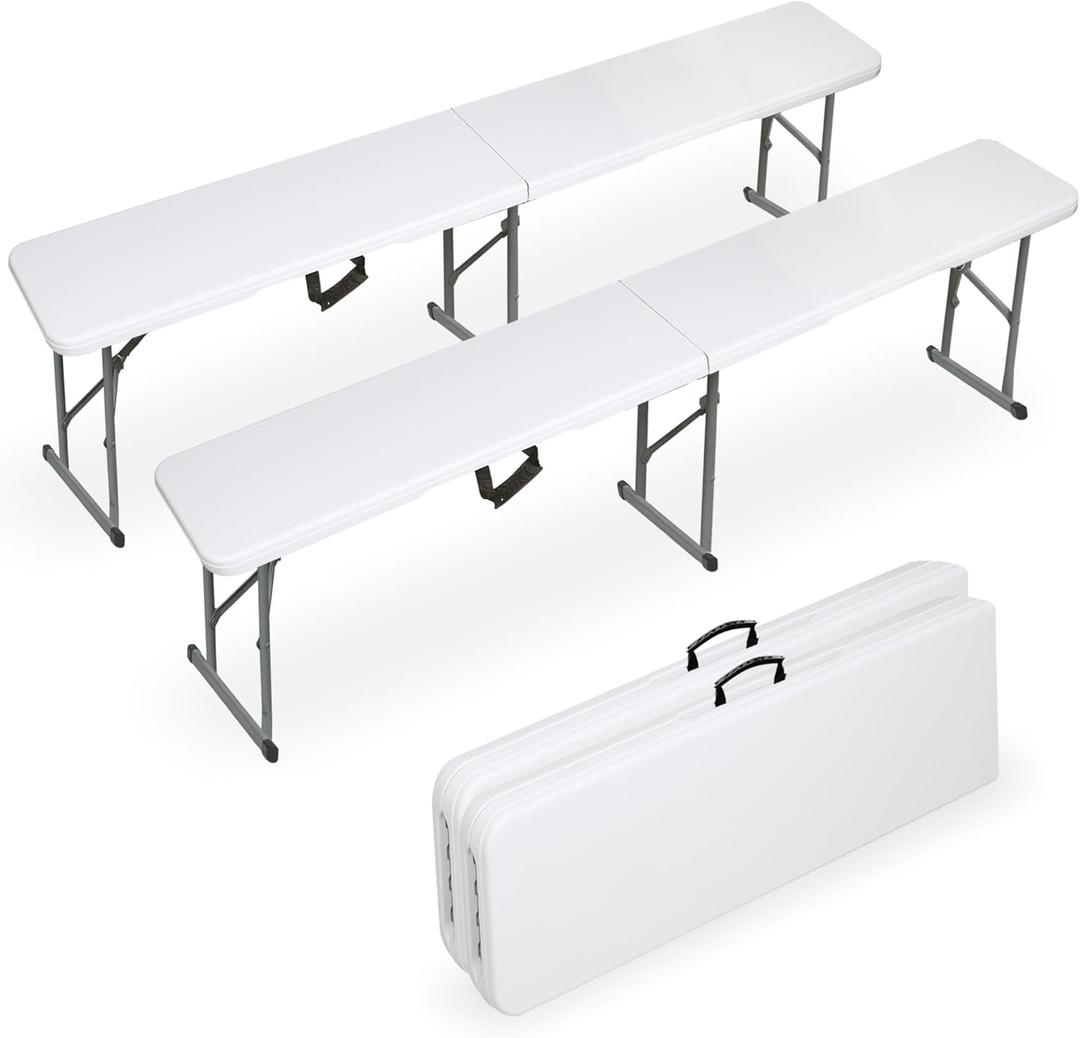 Folding Bench 2 Pack, 6FT Plastic Foldable Bench with Handles, Outdoor Portable Stackable Bench for Party Camping and Picnic, White Folding Bench 2 Pack, 6FT Plastic Foldable Bench with Handles, Outdoor Portable Stackable Bench for Party Camping and Picnic, White