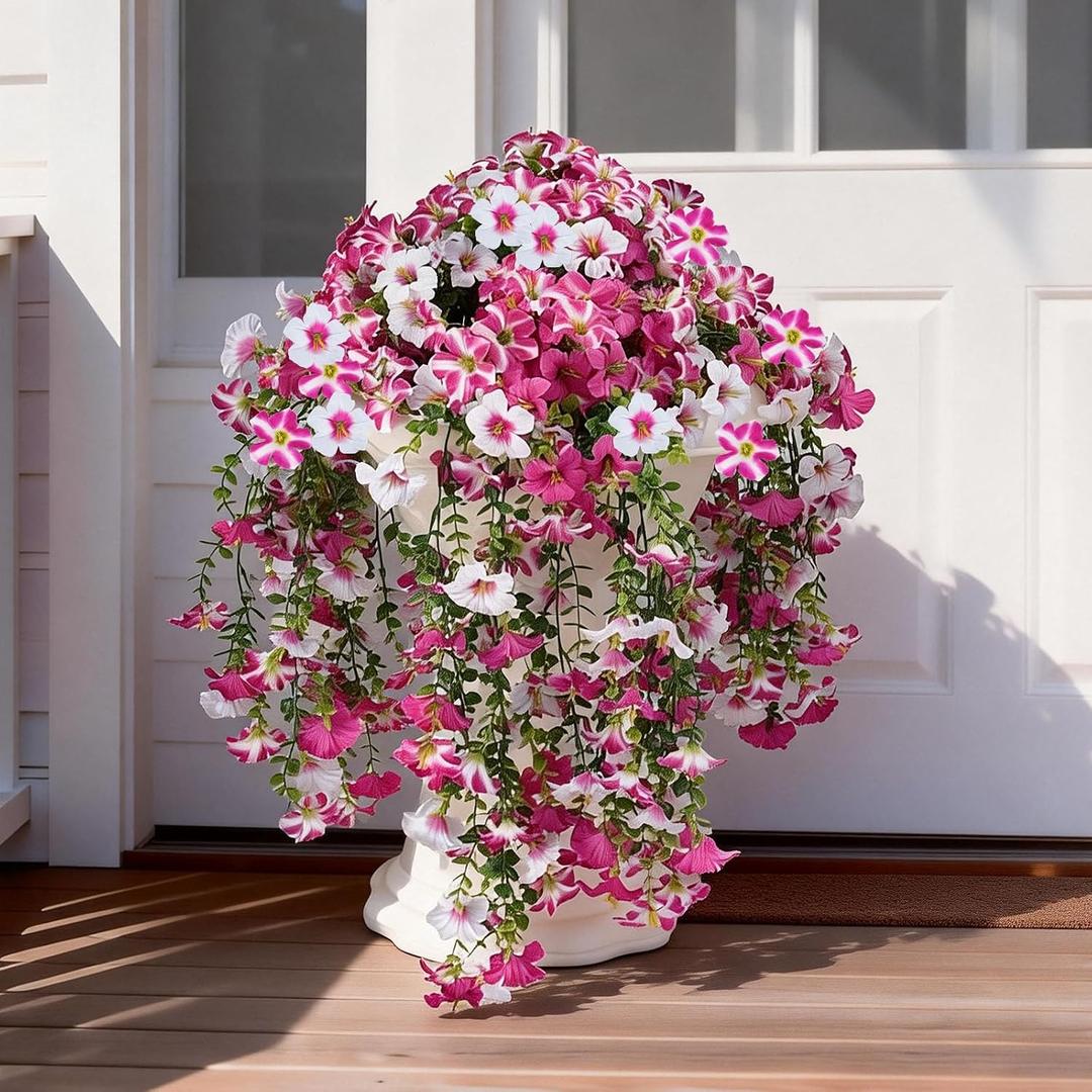 3 Pack Artificial Flowers for Outdoors,Fake Petunias Hanging - Outside Flowers UV Resistant for Porch Patio Decor,Tall Artificial Plants for Outdoor Planters,Spring Home Decoration(Pink White)