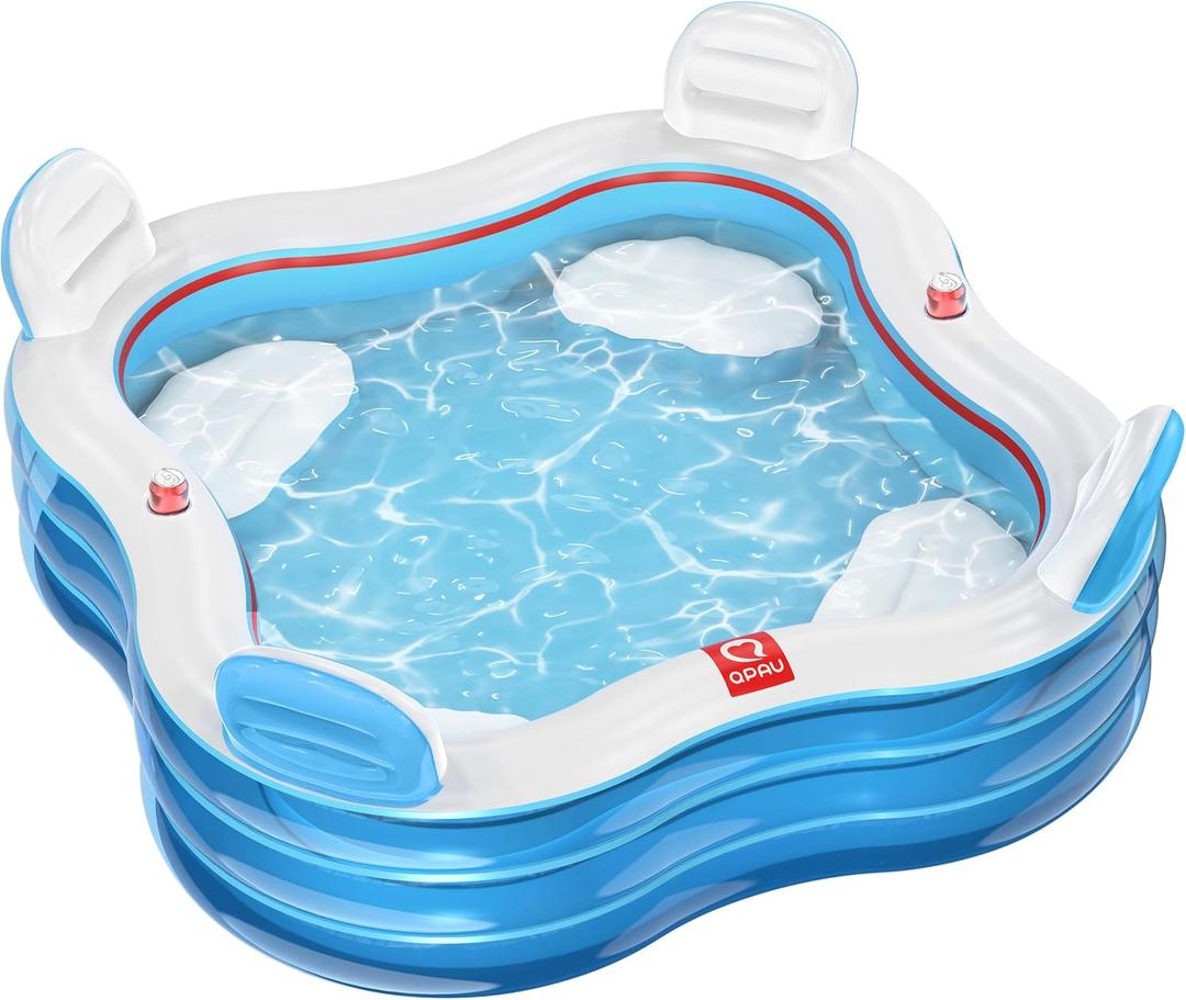QPAU Inflatable Swimming Pool, Full-Sized Blow Up Pool with Seats and Backrests, Kiddie Pool for Outdoor & Backyard, for Family Summer Time Fun, Clear Blue