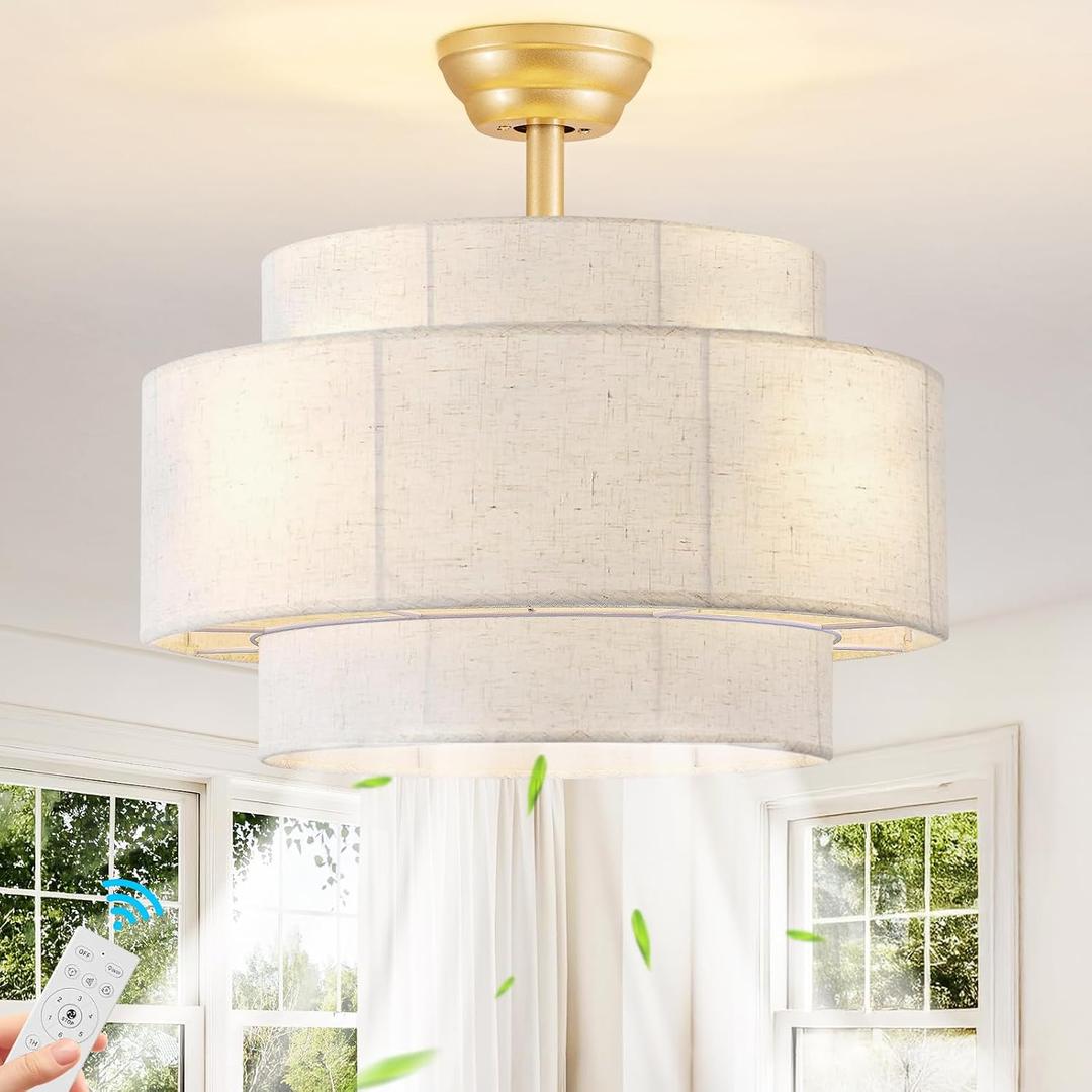 Boho Caged Ceiling Fan with Light and Remote, Gold Coastal Linen Fandelier, Medium