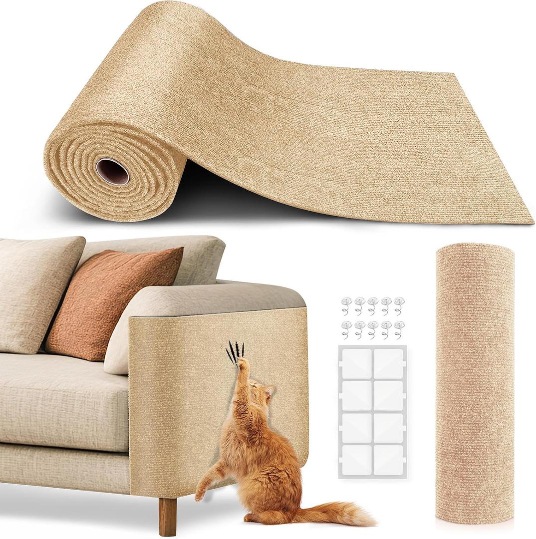 Cat Scratch Furniture Protector, Trimmable Self-Adhesive Carpet, DIY Climb Cat Scratcher Mat for Covering Cat Tower and Couch Protector from Cat ClawsBeige