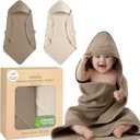 Organic Cotton Muslin Baby Hooded Towels - 32x32 Inch, 2 Pack Newborn Bath Towels for Boys & Girls, Soft & Absorbent Bath Set (Olive/Ivory)