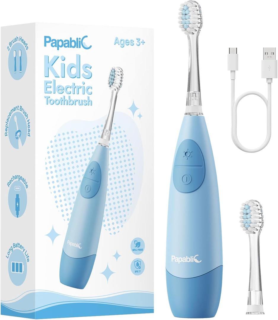 Papablic Kids Electric Toothbrush for Ages 4+ Children Girls and Boys, USB Rechargeable with Smart Brushing Timer, LED Light & 2 Replacement Brush Heads, Blue