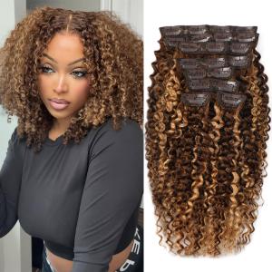Highlight P4/27 Kinky Curly Clip Ins 12 Inch 110g 8pcs 3C 4A Curly Clip In Hair Extensions Real Human Hair Full Head for Women 100% Brazilian Remy Human Hair Extensions with 20 Clips #4/27