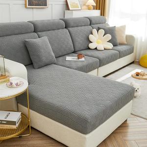 cjc Couch Cover, Universal Stretch Chaise Sofa Slipcovers,Anti-Slip L Shape Sofa Covers, Sofa Slipcover for 3 Cushion Couch - Elastic Furniture Protector (Leaves Light Grey, Single Seat Covers)