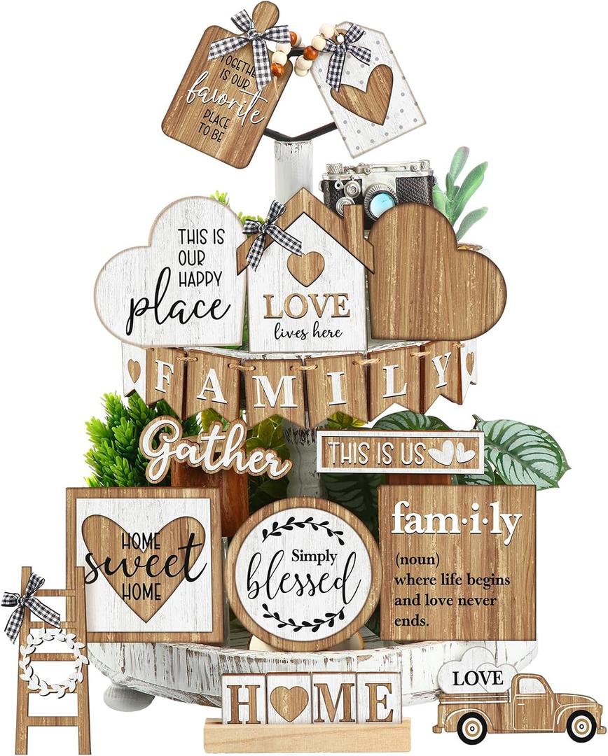 Yaomiao 21 Pcs Farmhouse Tiered Tray Decor Set Rustic Farmhouse Wood Decor Sign Vintage Rustic Family Gather Blessed Tiered Tray This is Our Happy Place Tabletop Sign for Home Kitchen Table Shelf