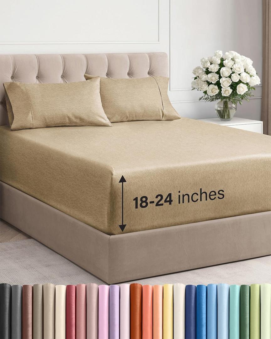Extra Deep Pocket King Sheets - 4 Piece Breathable & Cooling Bed Sheets - Hotel Luxury Bed Sheet Set - Soft, Wrinkle Free & Comfy - Easily Fits Extra Deep Mattresses - Deep Pocket Heathered Tan Sheets