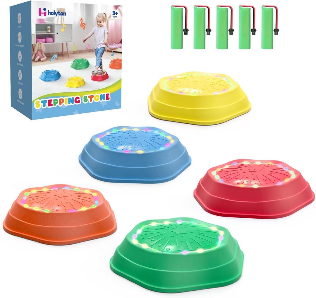 Holyton Music Light Up Stepping Stones for Kids, 5-Pack Sensory Balance Stones, Non-Slip Toddler Stepping Toys for Ages 3-8, Ideal for Sensory Training & Great Gift for Indoor & Outdoor Play (original color)