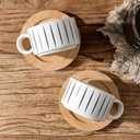 LUKA 6 Ounce Porcelain Stackable Espresso Cups with Saucers and Metal Stand Set of 4, Ceramic Cappuccino Cups Set for Specialty Coffee Drinks, Latte, Cafe Mocha and Tea, Stripes, White