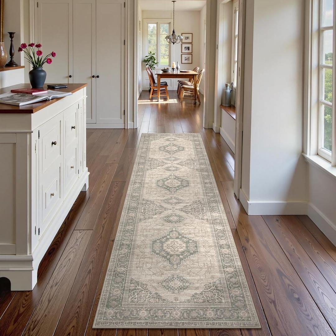 Lahome Oriental Hallway Runner Rug Non Slip, 2.5x8 Kitchen Washable Runner Soft Hallway Rug, Traditional Ultra-Thin Carpet for Bathroom Entryway Laundry Room, Grey/Brown