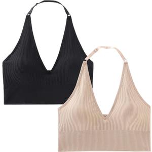 INIBUD Halter Bra for Women Longline Sports Bra Wireless Seamless Padded Backless Bralette with Adjustable Strap (Medium, Black&beige)