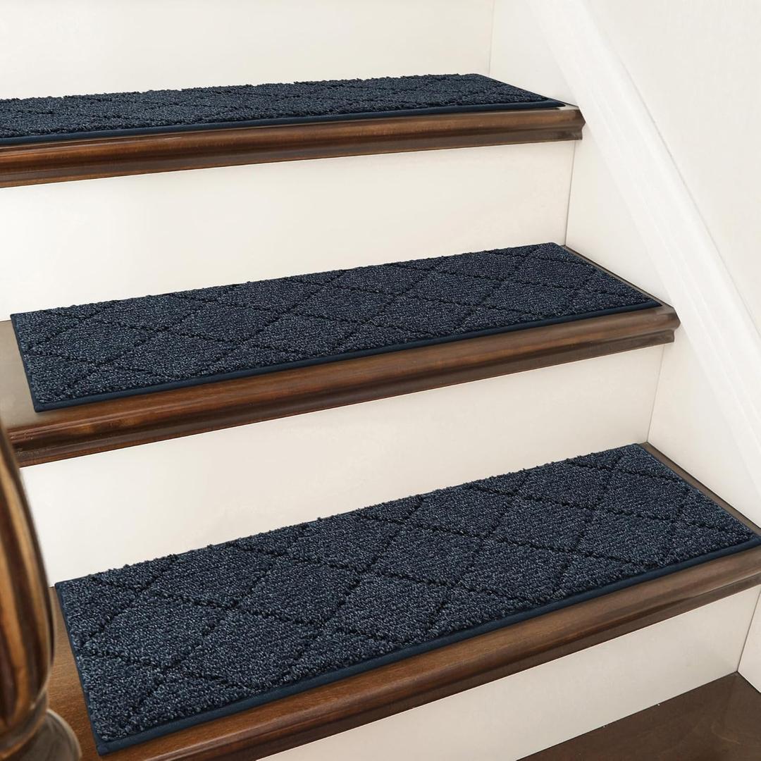 COSY HOMEER Edging Stair Treads Non-Slip Carpet Mat 28inX9in Indoor Stair Runners for Wooden Steps, Edging Stair Rugs for Kids and Dogs, 100% Polyester TPE Backing (4pc, Navy)