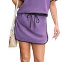 Womens 2 Piece Skort Set 2026 Color Block Short Sleeve Top Drawstring Skort Matching Sets Casual Lounge Summer Outfit (Purple, S)