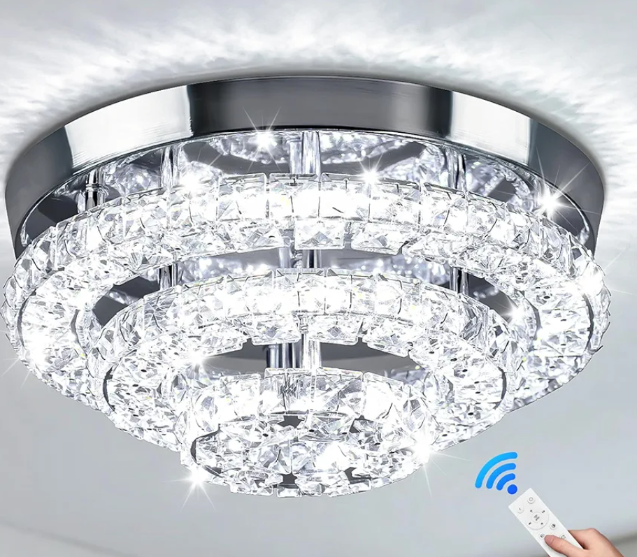 11.8" Modern Crystal Chandeliers LED Crystal Ceiling Light Fixture Flush Mount Ceiling Chandelier Light Chandelier for Dining Room Hallway Three-Tier Dimmable with Remote Control