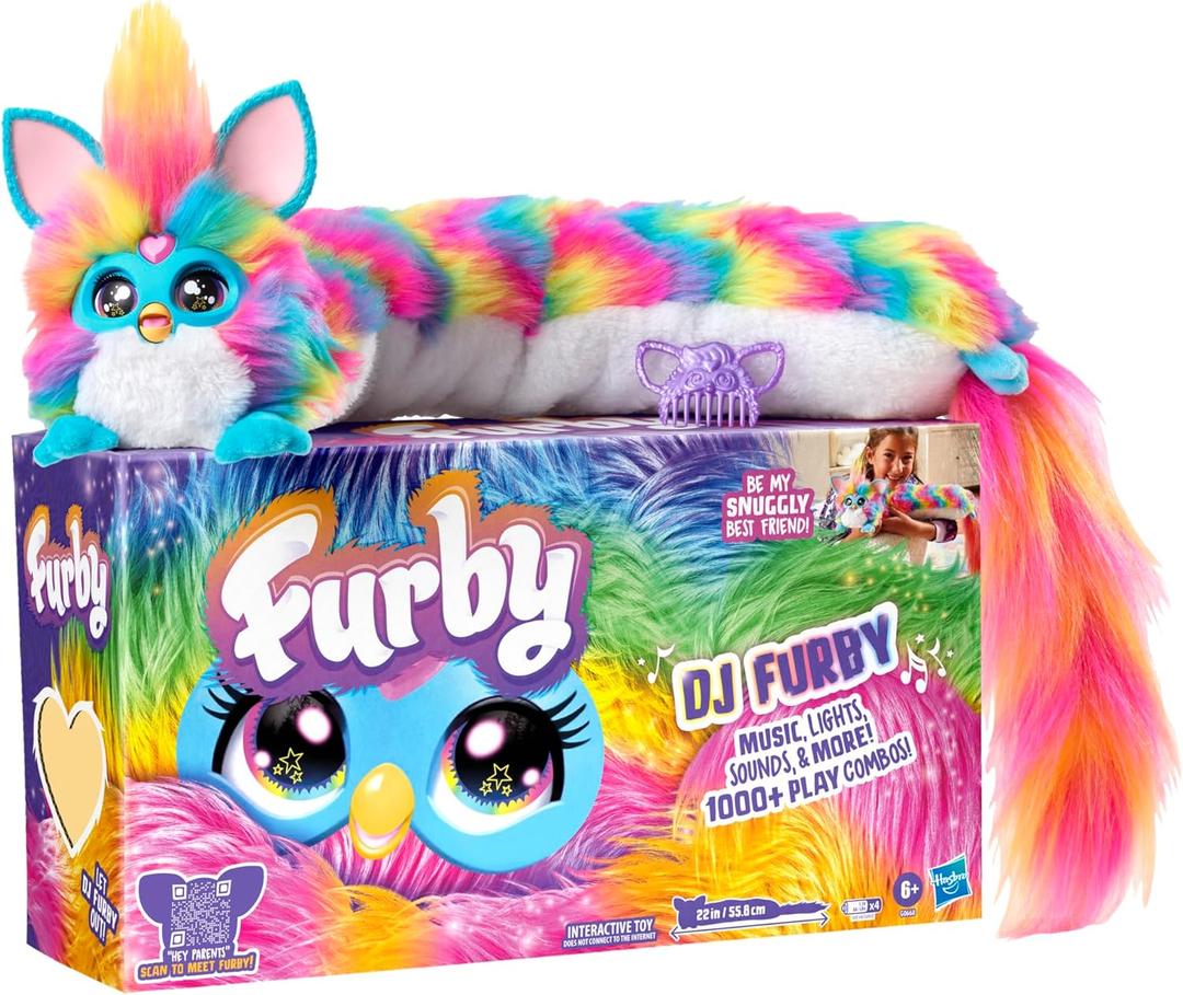 FURBY DJ Interactive Toy, Super Snuggly Rainbow Electronic Plush with Music, Lights, Motion, & Games, Speaks English & Furbish, 32in Long, Ages 6+