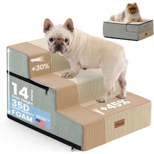 Gardner Pet Dog Stairs for Small Dogs 14" H, 3-Step Extra Wide Dog Steps for Bed, Pet Stairs for Bed and Couch with Durable Non-Slip Waterproof Fabric Cover and Soft Foam, Beige