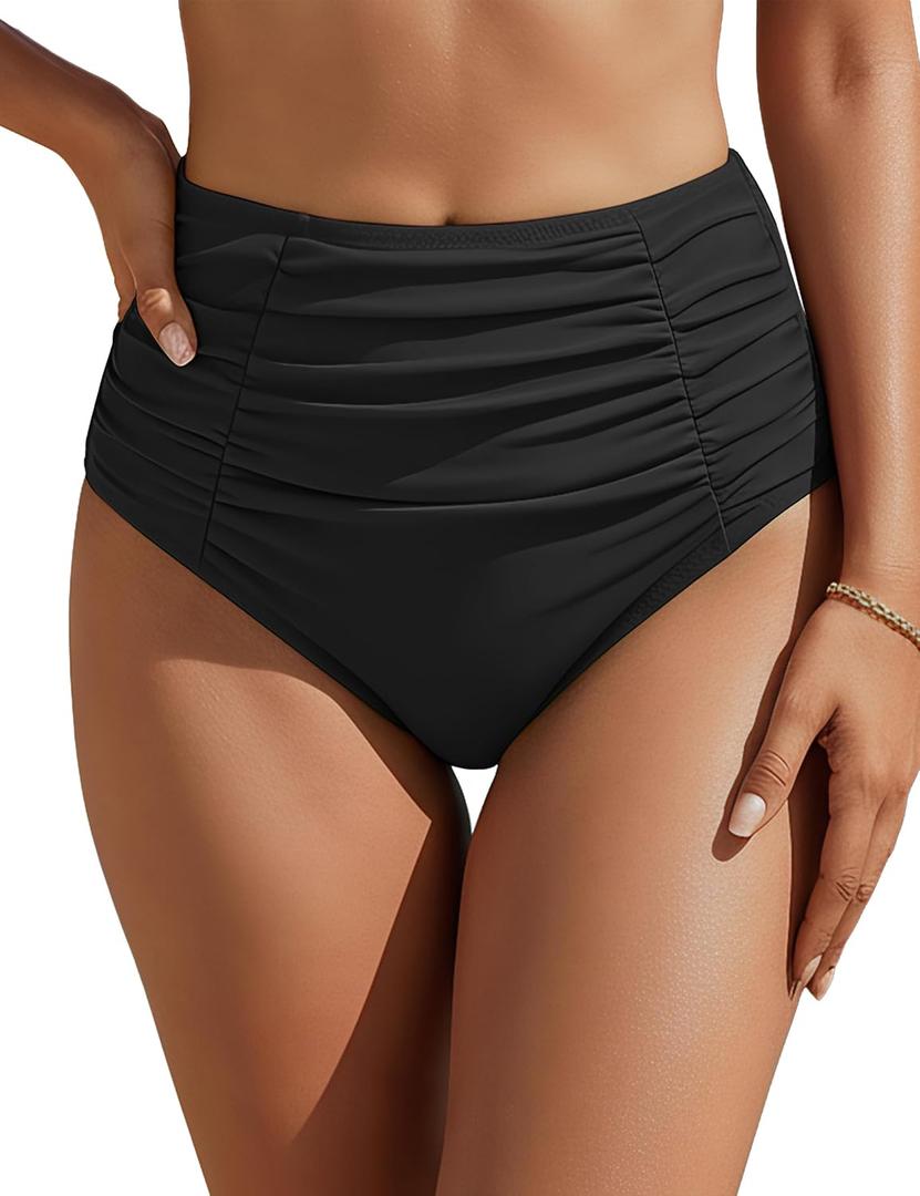 Blooming Jelly Womens High Waisted Bikini Bottoms Tummy Control Swim Bottom Ruched Full Coverage Retro Swimwear (Black, L)