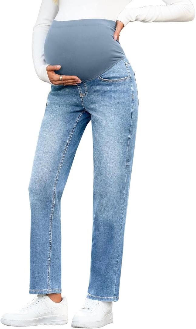 BLENCOT Women's Over The Belly Maternity Ankle Jeans Stretchy Denim Pregnancy Pants with Pockets (Medium)