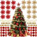 Skylety 104 Pcs Christmas Tree Decorations Set, Red & Gold Christmas Hanging Ornament Ball Tree Star Topper Artificial Poinsettia Flower Ribbon Matching Gift Box for Xmas Party Decor