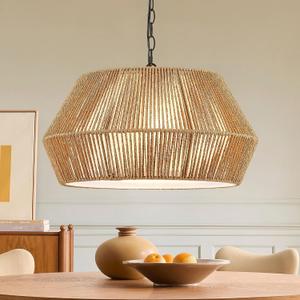 ELYONA 20" Large Rattan Chandelier Light Fixtures, 4-Lights Boho Pendant Light, Adjustable Woven Chandelier for Dining Room with Fabric Shade, Rustic Hanging Light for Kitchen Island,Living Room