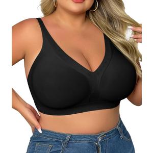 SHAPERX Women's Deep V Everyday Bras Wireless Comfort No Underwire Bralettes Soft Push Up Bra Regular and Plus Size (Large, Black)