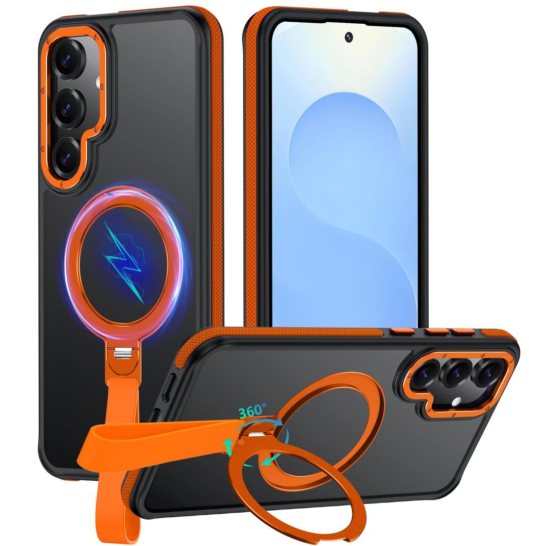 Mondelete for Samsung Galaxy S25 Plus Case with 360Spin Magnetic Stand-Finger Strap, [Fit for MagSafe] [Mil-Grade Protection], Non-Slip Shockproof Ring Holder Matte S25+ Plus Phone Case (Orange)