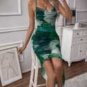 LIGHT DOT Women's Spaghetti Strap Printed Bodycon Ruched Midi Cocktail Dress Sexy Cowl Neck Tie Dye (Green, L)