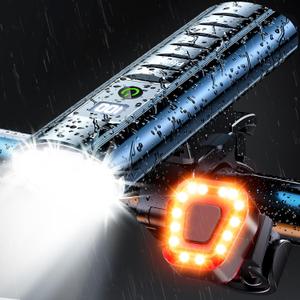 High Lumen Bike Light Set, Prasky Rechargeable Bicycle Lights Front and Rear, Super Bright LED Headlight, IP65 Waterproof Multiple Modes Road Mountain Bike Lights for Night Riding