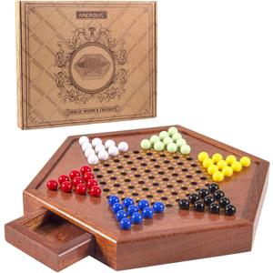 AMEROUS 12.5 inches Wooden Chinese Checkers Set with Storage Drawer - 60 Acrylic Marbles in 6 Colors - 12 Bonus Spare Marbles, Classic Strategy Family Board Game for Kids and Adults