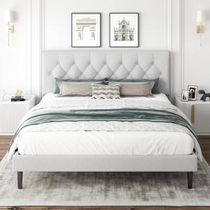 CXVX King Size Platform Bed Frame with Upholstered Headboard, Button Tufted Design, Strong Wooden Slats, No Box Spring Needed, Easy Assembly, Noise Free