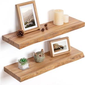Floating Shelves for Wall, Solid Elm Wood Shelves, 24in Set of 2, Natural, Live Edge, 24inch, 2Packs