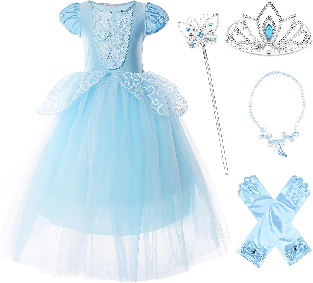 JerrisApparel Girls Princess Costume Puff Sleeve Fancy Birthday Party Dress up (2T, Blue With Accessories)
