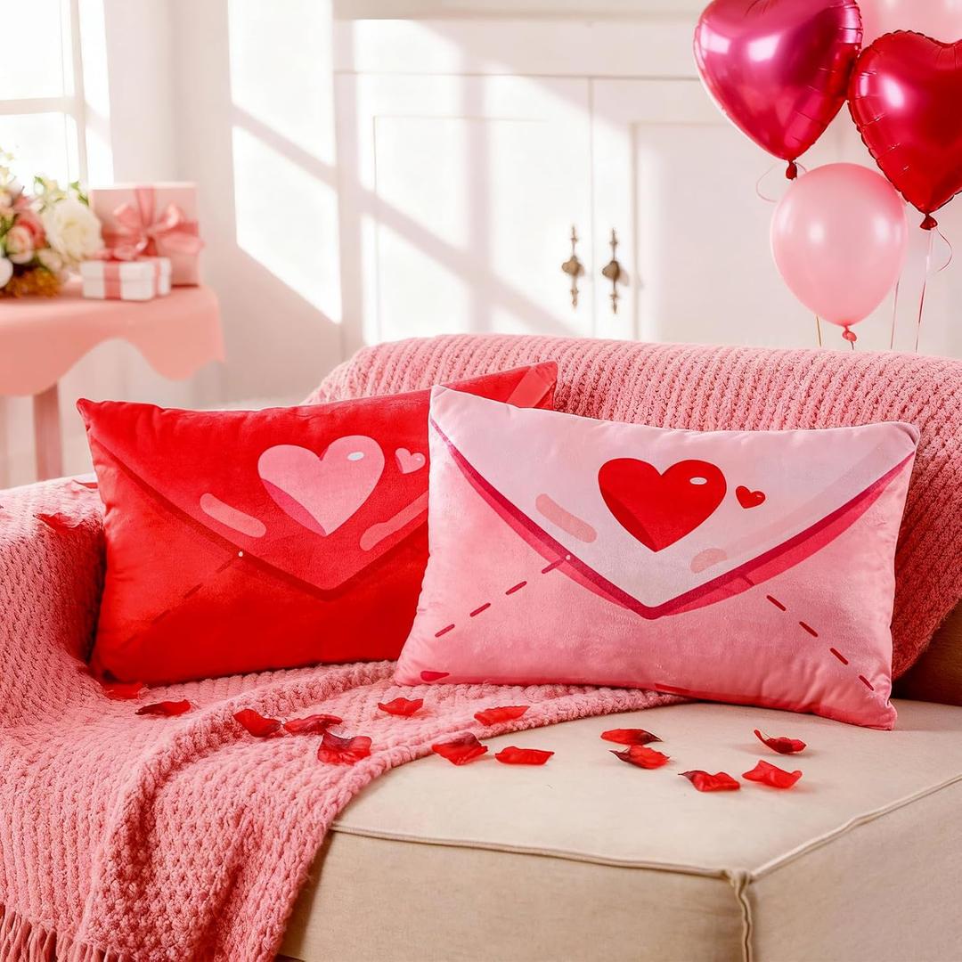 Weysat 2 Pcs Valentine's Day Envelope Throw Pillow Cover, 9 x 15 Inch Pink and Red Heart Throw Pillow Pink Holiday Decorative Love Letter Valentines Day Home Decoration Cushion Cases for Sofa Couch