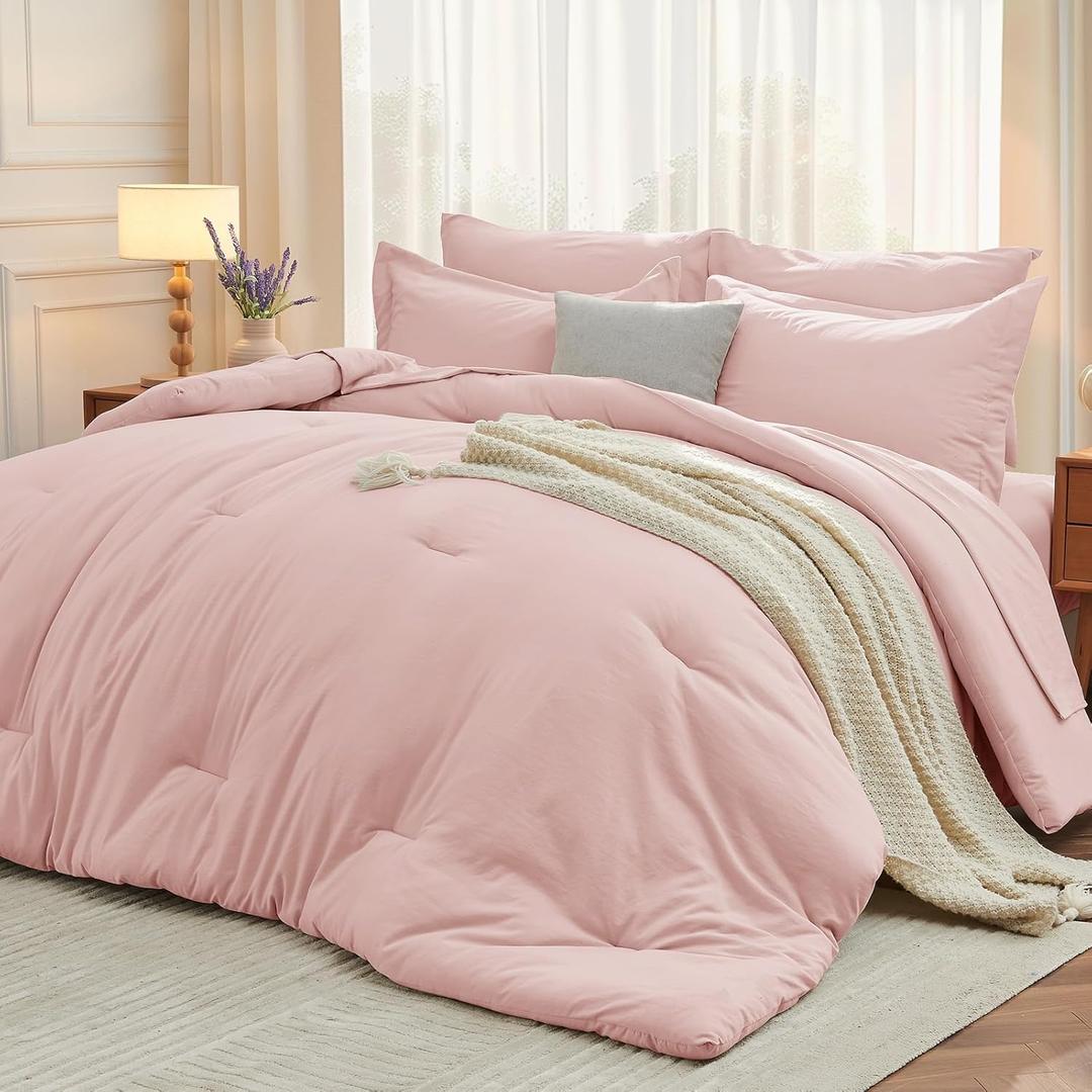 MUXHOMO 7 Pieces King Comforter Set, Soft Bed in a Bag King Size, All Season Bedding Set with Comforter, Flat Sheet, Fitted Sheet, Pillowcases & Shams, Pink