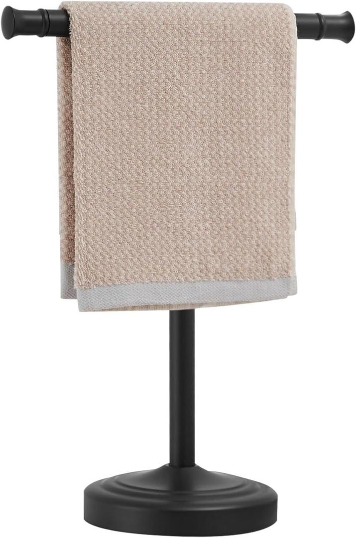 RUMOSE 13 Inch Matte Black Towel Stand Hand Towel Holder Bathroom Kitchen Vanity Countertop T-Shape Towel Rack Free Standing Stainless Steel Towel Bar Towel Ring