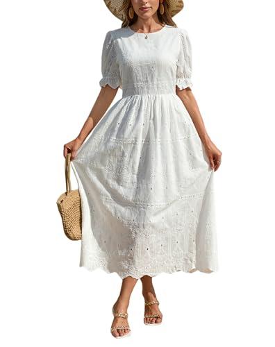Midi Dress for Women Elegant Dresses Floral Eyelet Puff Sleeve Dress with Cinched Waist Casual Summer Party Dress White, Medium