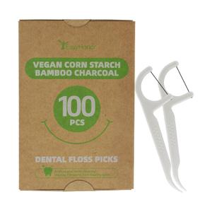 EasyHonor Organic Dental Floss Picks - Natural Biodegradable Floss Sticks with Strong Bamboo Charcoal Thread & Vegan Corn Starch Handle.(100PCS)