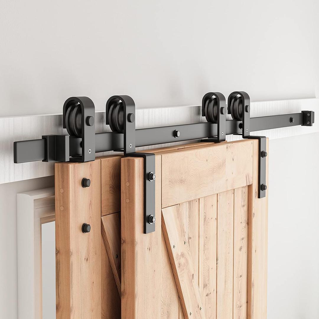 SMARTSTANDARD 5.5 Feet Bypass Sliding Barn Door Hardware Kit - for Double Wooden Doors-Single Track - Smoothly & Quietly - Easy to Install-Fit 54" Opening