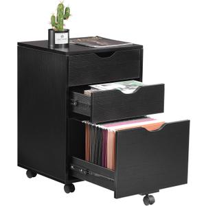 HollyHOME 3-Drawer Wood File Cabinet, Under Desk Cabinet for Home Office, Rolling Storage Shelf for Home, Printer Stand, for A4, Letter-Size Files, 11.8in Hanging File Folders, Black