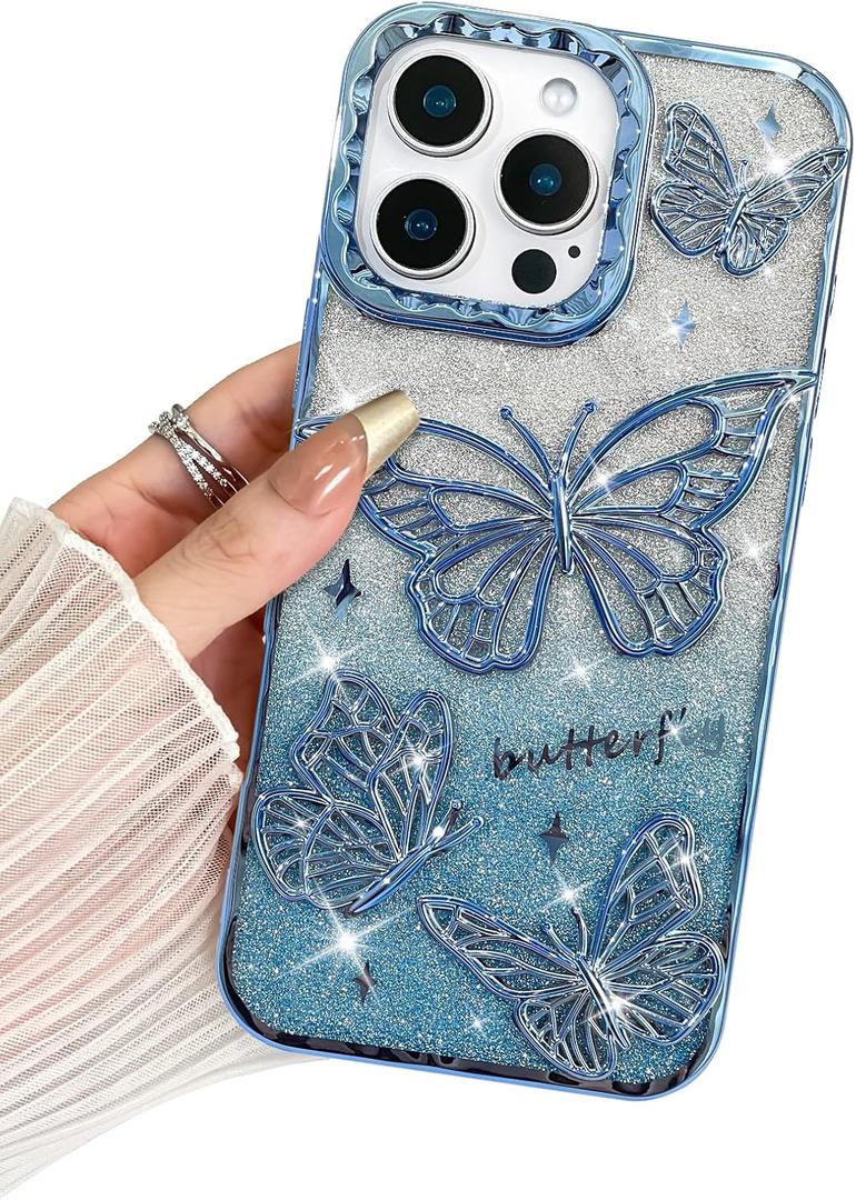BITOBE Designed for iPhone 16 Pro Max, Cute 3D Butterfly Case Slim Plating Glitter Bling Luxury Cover for Women Girls Protective Camera Protection Bumper 6.9" Blue